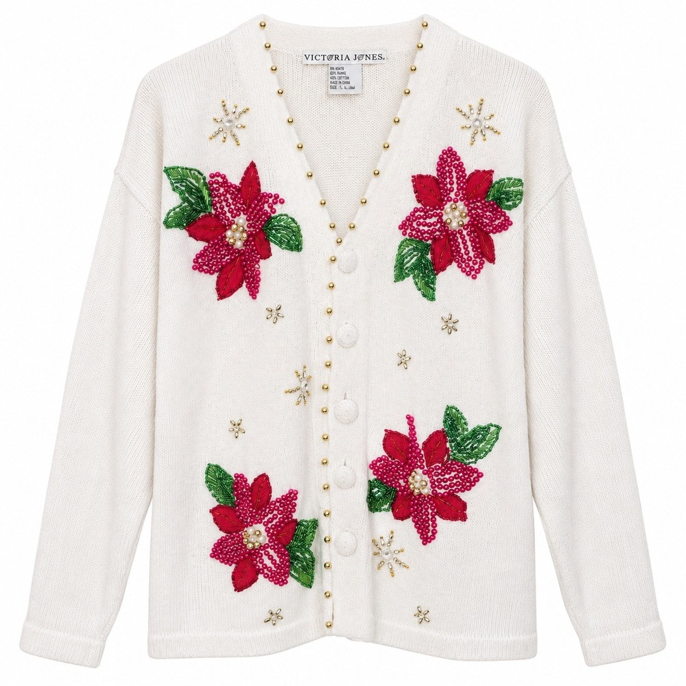 Victoria Jones Poinsettia Cardigan Womens Large White Beaded Floral Excellent